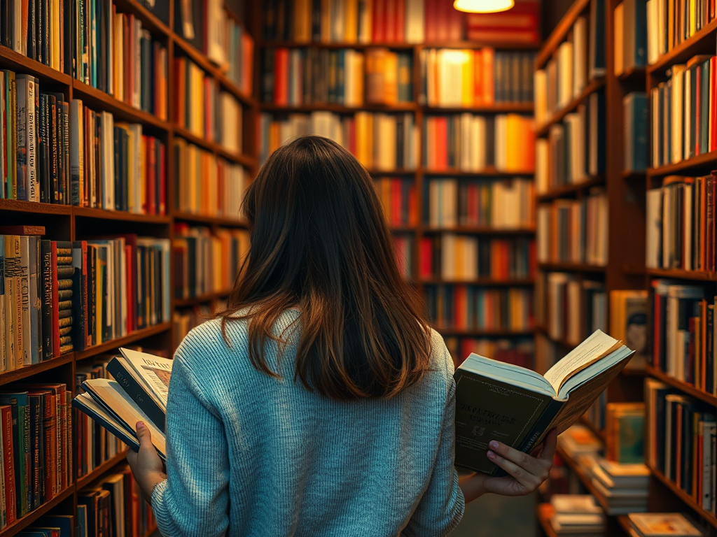 Young woman reading books in a library, exploring literature, education, and knowledge resources