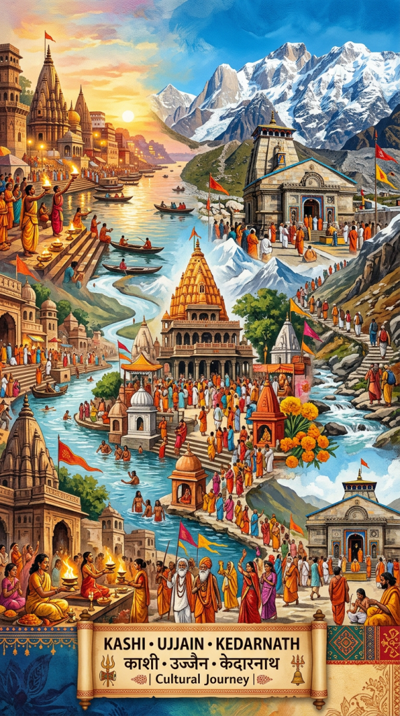 Illustration of Hindu pilgrimage with temples, devotees, rituals, rivers, and mountains at Kashi, Ujjain, and Kedarnath