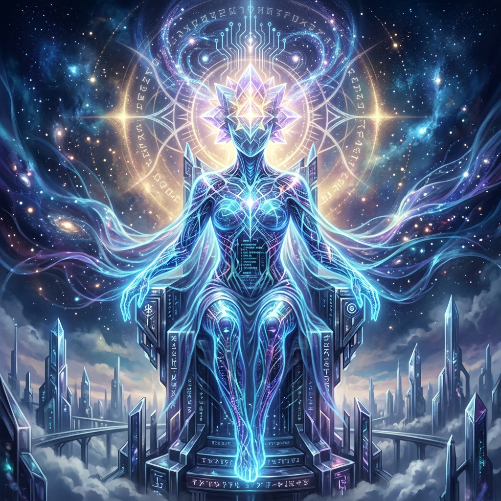 Digital deity figure seated on futuristic throne surrounded by cosmic elements